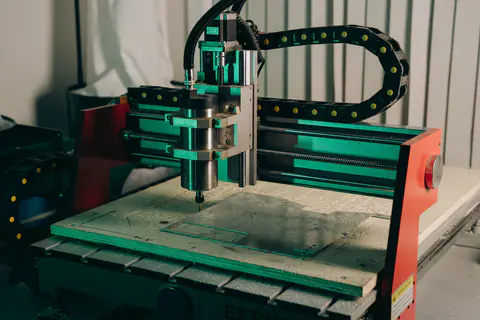 Fresadora CNC de sobremesa con el pórtico sobre un tablero de sacrificio de madera